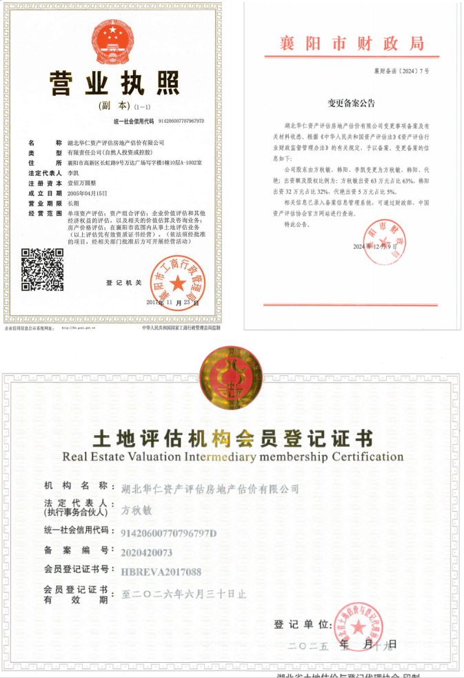 華仁資產(chǎn)評估房地產(chǎn)估價有限公司營業(yè)執(zhí)照、資產(chǎn)評估備案公告、土地評估機構(gòu)登記證書